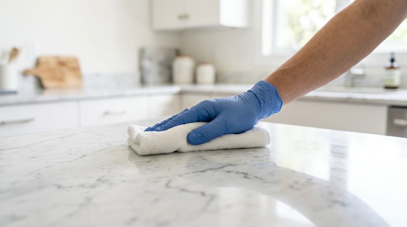 Marble countertop being wiped to a bright polish