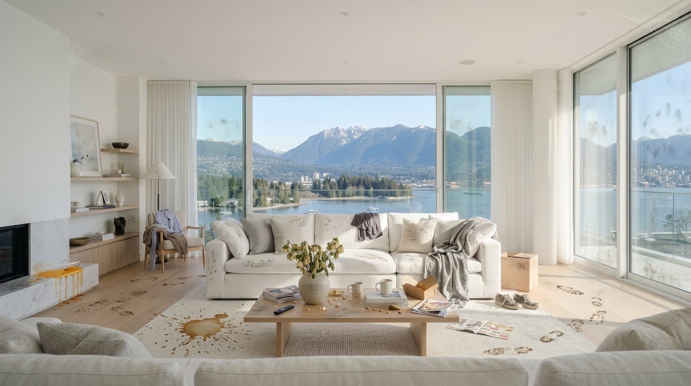 Living room before a VANBRIGHT clean — cluttered table, laundry on the sofa, smudged windows